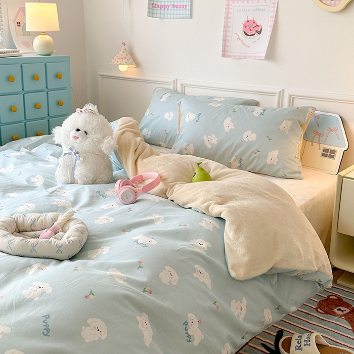 91家纺网 家纺一手货源 找家纺 昔可家纺 2024新款秋冬新款棉加牛奶绒四件套 云朵狗狗