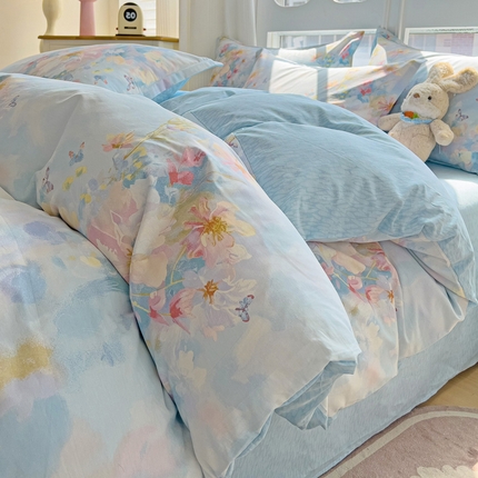 优选良品 2025直播爆款加厚全棉磨毛四件套喷气印花纯棉（一字绣工艺款）学生三件套9月上新 优漫蓝语