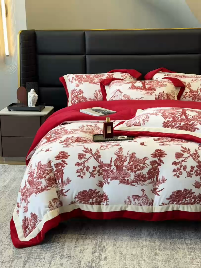 91家纺网 家纺一手货源 找家纺 凡客家居 2024新款高克重牛奶绒数码印花双拼角四件套 玫瑰情缘