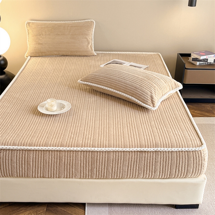 91家纺网 家纺一手货源 找家纺 欧邦 新款提花针织绒牛奶绒铂金系列床笠三件套四件套 针织绒-奶茶咖