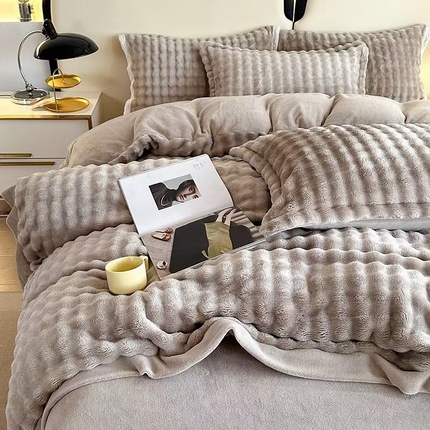 玖琳家纺 2024新款A类大泡泡懒兔毛绒+牛奶绒四件套 驼色