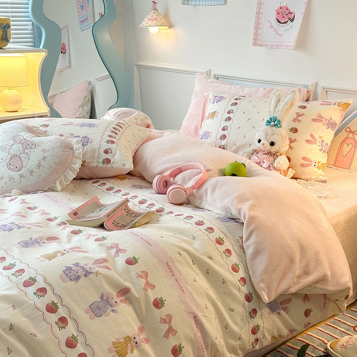 91家纺网 家纺一手货源 找家纺 昔可家纺 2024新款秋冬新款棉加牛奶绒四件套 仙女小兔