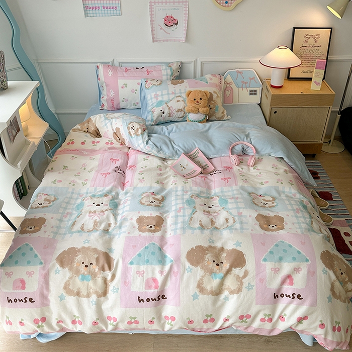 91家纺网 家纺一手货源 找家纺 昔可家纺 2024新款秋冬新款棉加牛奶绒四件套 拼接油画狗