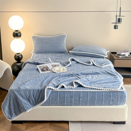 91家纺网 家纺一手货源 找家纺 欧邦 新款提花针织绒牛奶绒铂金系列毛毯毯子 针织绒-松蓝