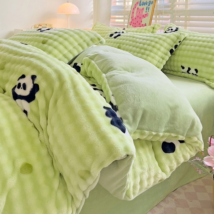 梵克保罗 2024秋冬新款加厚泡泡牛奶绒数码印花工艺立体仿兔毛四件套 熊猫点点-绿