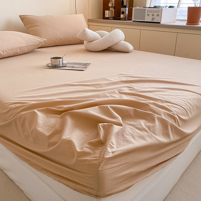 91家纺网 家纺一手货源 找家纺 眠帛家居 2024新款A类亲肤水洗棉纯色单品床笠三件套 奶茶