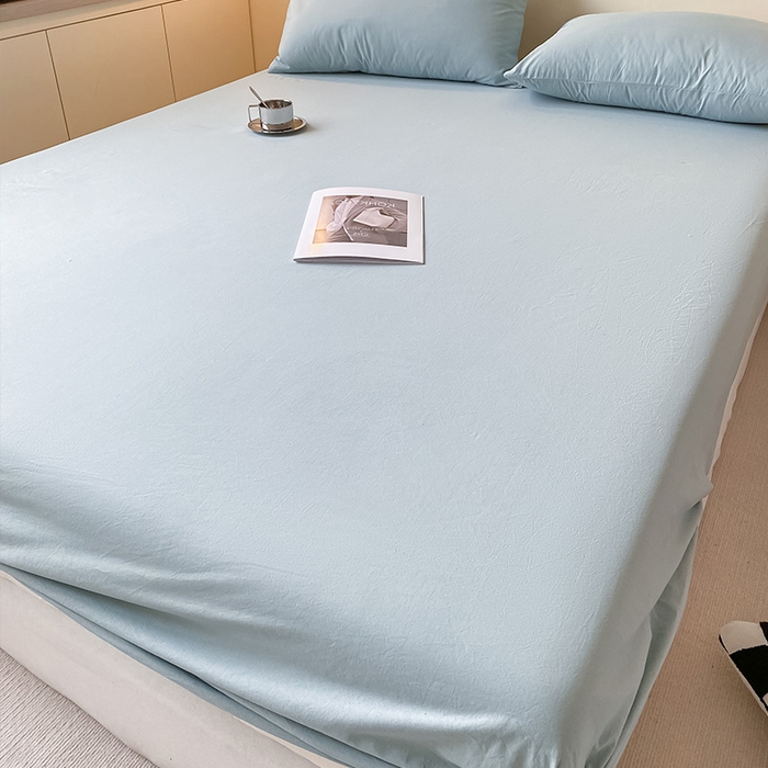 91家纺网 家纺一手货源 找家纺 眠帛家居 2024新款A类亲肤水洗棉纯色单品床笠三件套 繁星蓝