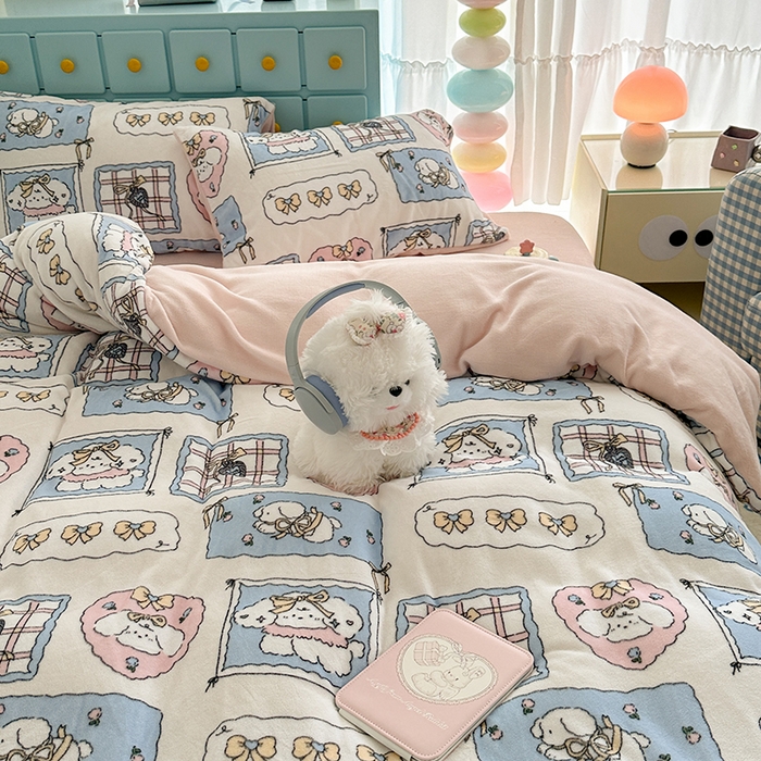 91家纺网 家纺一手货源 找家纺 昔可家纺 2024新款印花牛奶绒四件套系列-卡通系列 泡芙卷卷