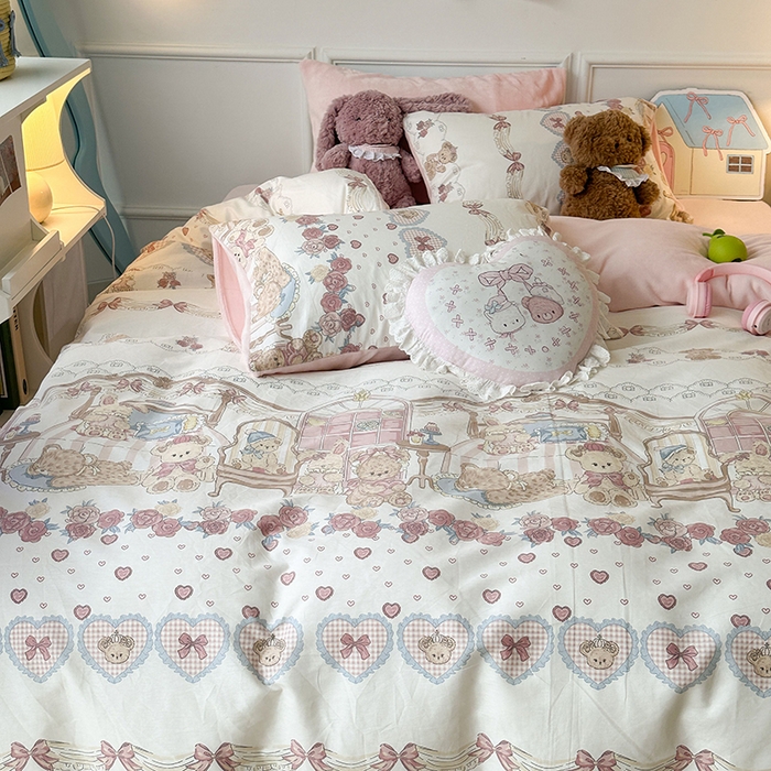 91家纺网 家纺一手货源 找家纺 昔可家纺 2024新款秋冬新款棉加牛奶绒四件套 洛丽塔爱心熊