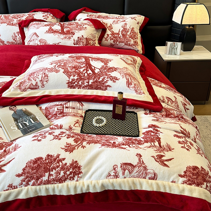 91家纺网 家纺一手货源 找家纺 凡客家居 2024新款高克重牛奶绒数码印花双拼角四件套 玫瑰情缘