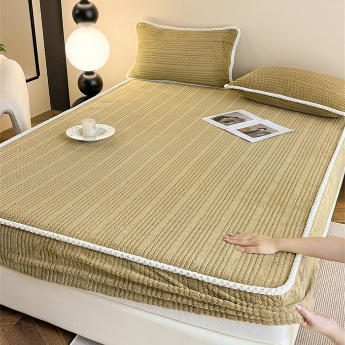 91家纺网 家纺一手货源 找家纺 欧邦 新款提花针织绒牛奶绒铂金系列床笠三件套四件套 针织绒-摩卡棕