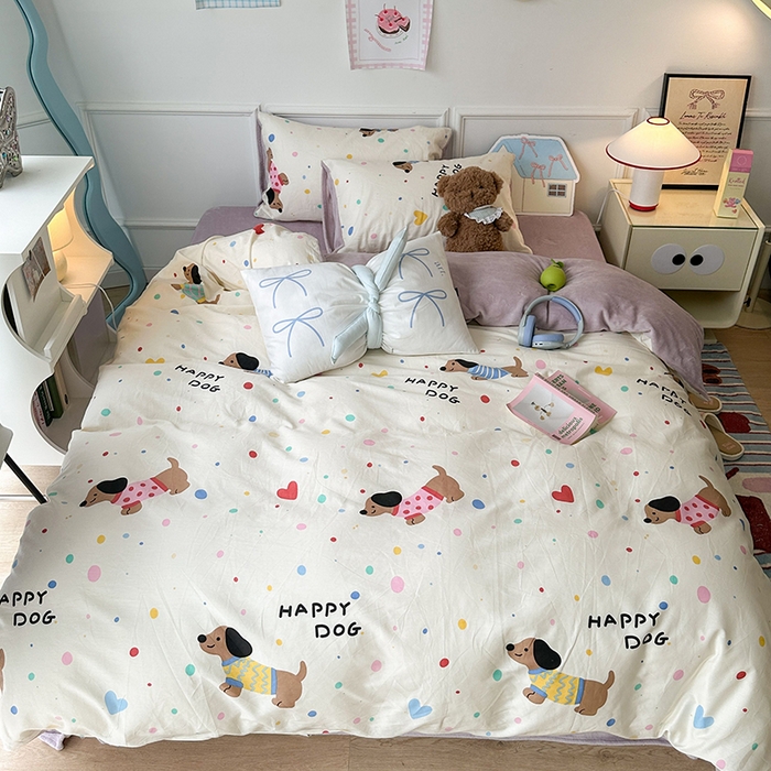 91家纺网 家纺一手货源 找家纺 昔可家纺 2024新款秋冬新款棉加牛奶绒四件套 毛衣腊肠狗