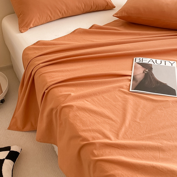 91家纺网 家纺一手货源 找家纺 眠帛家居 2024新款A类亲肤水洗棉纯色单品床单三件套 焦糖