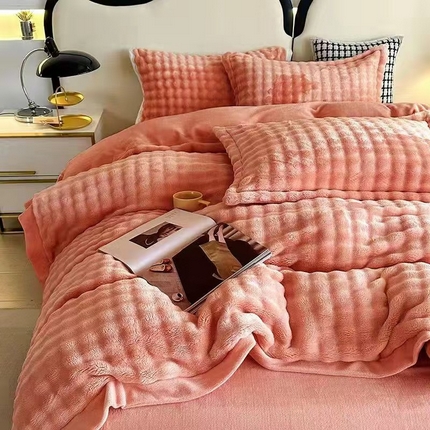 玖琳家纺 2024新款A类大泡泡懒兔毛绒+牛奶绒四件套 桔色