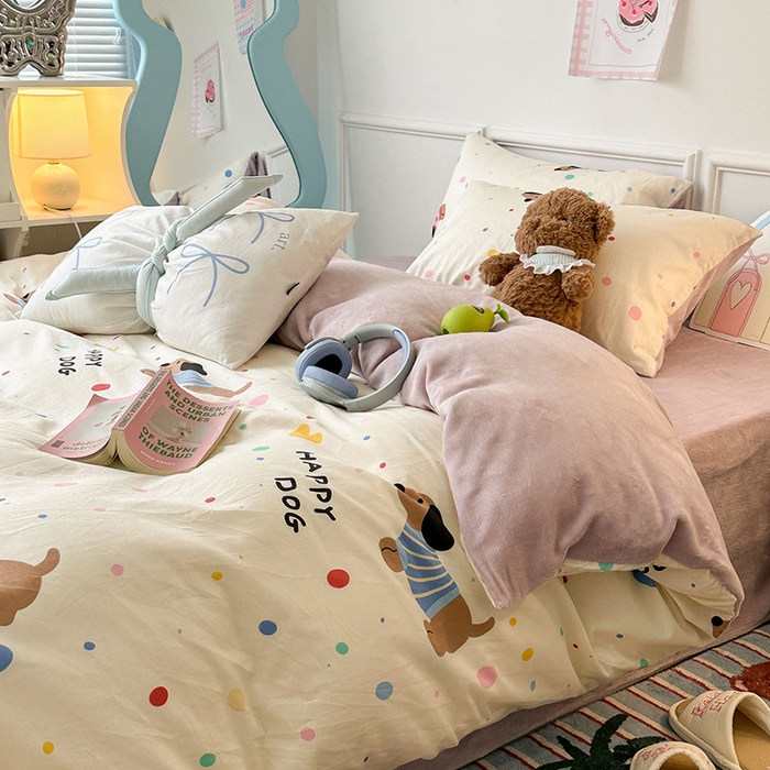 91家纺网 家纺一手货源 找家纺 昔可家纺 2024新款秋冬新款棉加牛奶绒四件套 毛衣腊肠狗