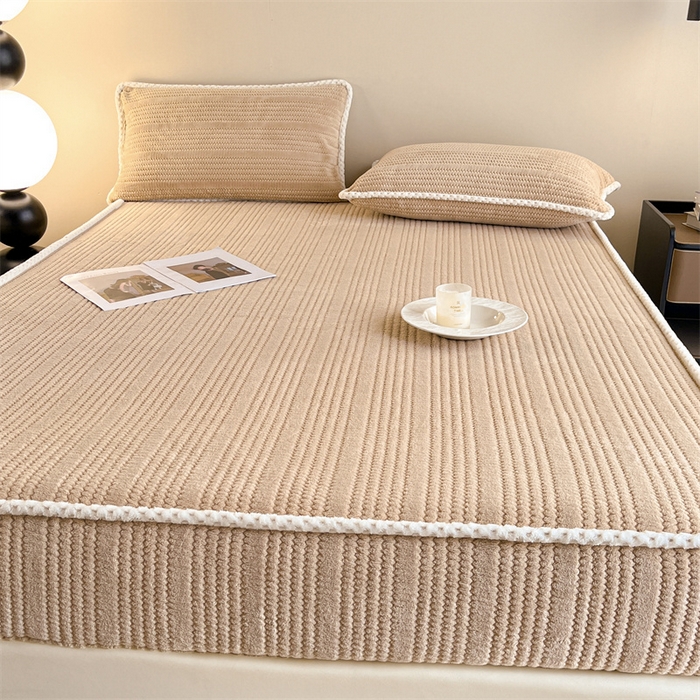 91家纺网 家纺一手货源 找家纺 欧邦 新款提花针织绒牛奶绒铂金系列床笠三件套四件套 针织绒-奶茶咖