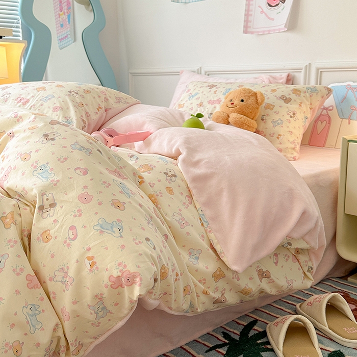 91家纺网 家纺一手货源 找家纺 昔可家纺 2024新款秋冬新款棉加牛奶绒四件套 可爱小萌物