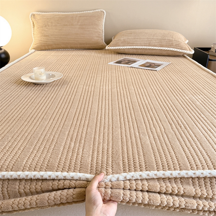 91家纺网 家纺一手货源 找家纺 欧邦 新款提花针织绒牛奶绒铂金系列床笠三件套四件套 针织绒-奶茶咖