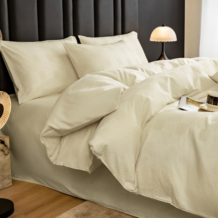 91家纺网 家纺一手货源 找家纺 简宜家居 2025新款60S长绒棉提花四件套 格子-米白