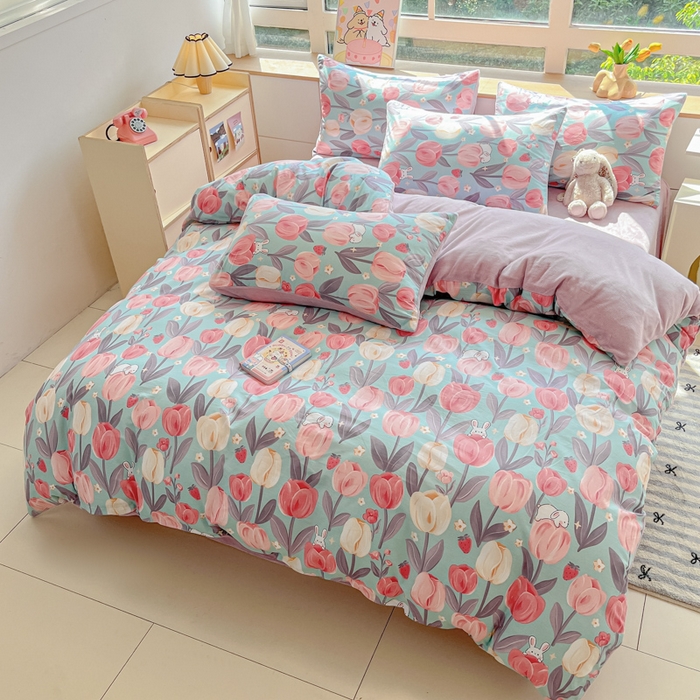 91家纺网 家纺一手货源 找家纺 麦伦家居 2024秋冬新品 多功能床品全棉+牛奶绒四件套郁金花镜紫