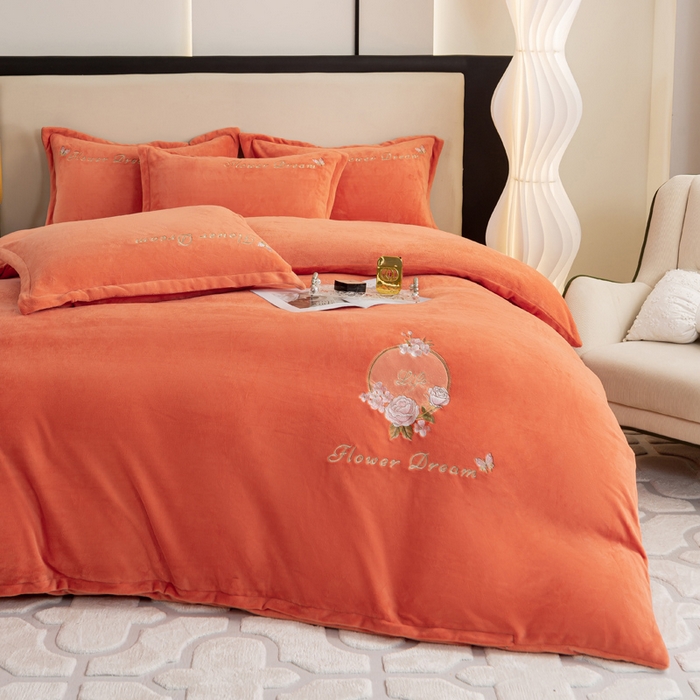 91家纺网 家纺一手货源 找家纺 晶缦家纺 2024新款高克重牛奶绒刺绣花四件套 花仙子-香橙