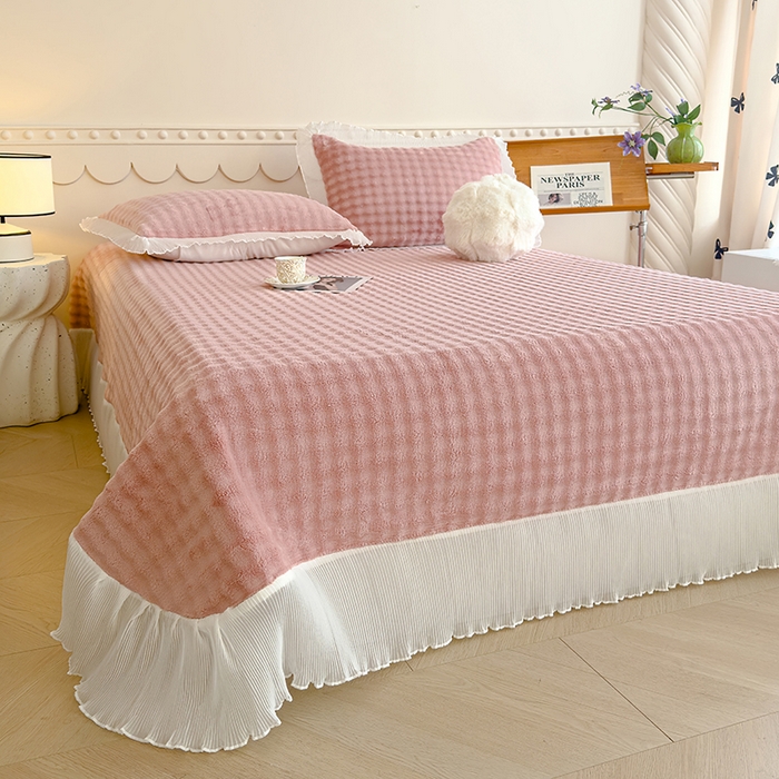 91家纺网 家纺一手货源 找家纺 冬然家纺 2024新款泡泡绒床裙四件套系列 泡泡绒-樱花粉
