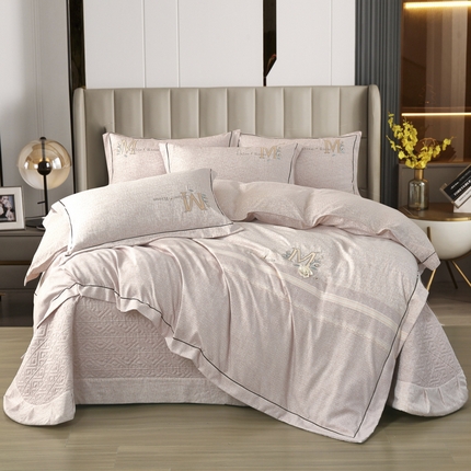 91家纺网 家纺一手货源 找家纺 OL家纺 2024新款磨毛肌理纹刺绣轻奢风床盖夹棉四件套--璀璨年华 珠子褐