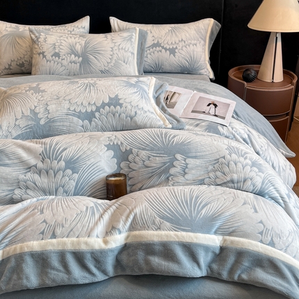 91家纺网 家纺一手货源 找家纺 （总）博纳家纺 2024新款200g牛奶绒灼色烂花拼角四件套-烟花