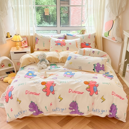 91家纺网 家纺一手货源 找家纺 麦伦家居 2024秋冬新品 多功能床品全棉+牛奶绒四件套 多巴胺恐龙