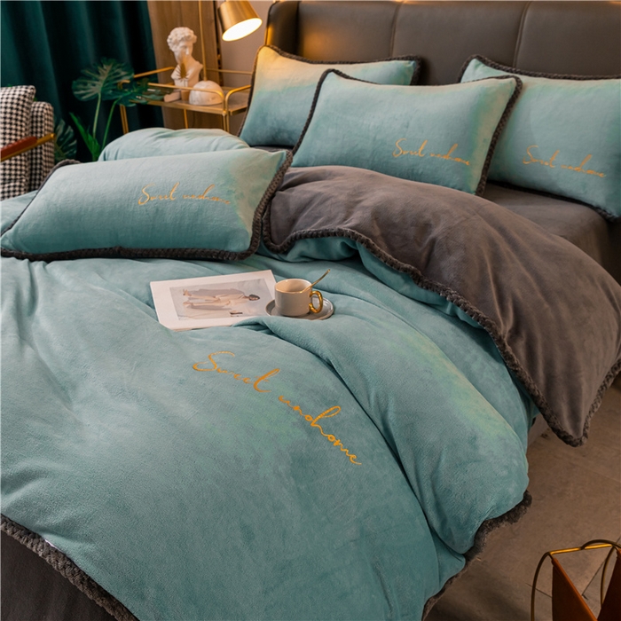 91家纺网 家纺一手货源 找家纺 吾诺 2024新款双拼色牛奶绒四件套 风格二 双拼湖兰