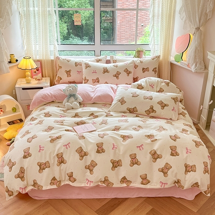 麦伦家居 2024秋冬新品 多功能床品全棉+牛奶绒四件套 蝴蝶结小熊