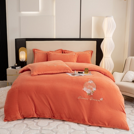 晶缦家纺 2024新款高克重牛奶绒刺绣花四件套 花仙子-香橙