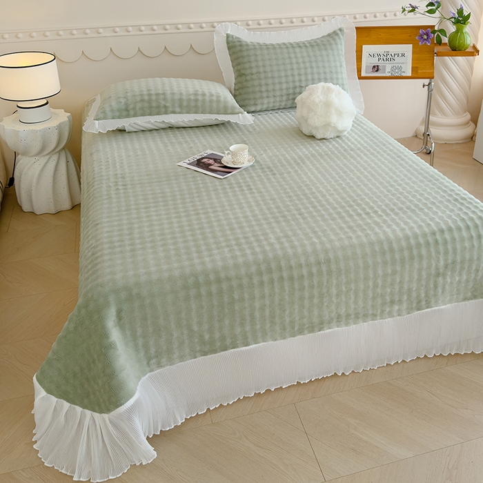 91家纺网 家纺一手货源 找家纺 冬然家纺 2024新款泡泡绒床裙四件套系列 泡泡绒-抹茶绿