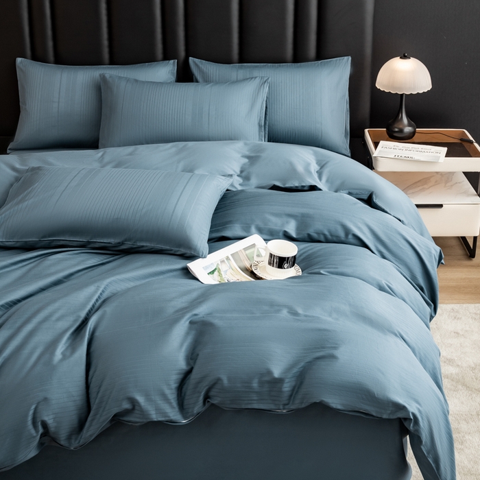 91家纺网 家纺一手货源 找家纺 简宜家居 2025新款60S长绒棉提花四件套 条纹-蓝