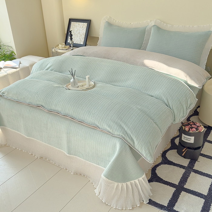 91家纺网 家纺一手货源 找家纺 冬然家纺 2024新款雕花绒床盖四件套系列 小麦穗-浅绿