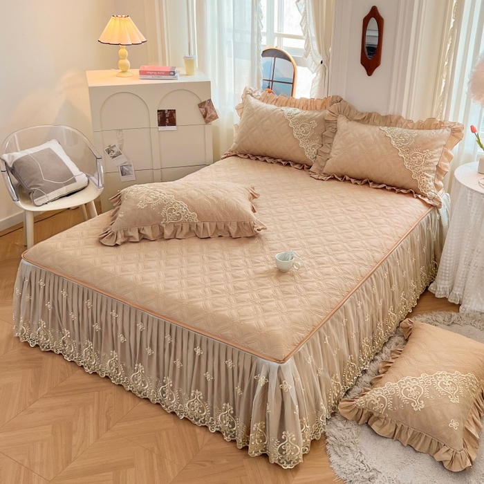 91家纺网 家纺一手货源 找家纺 罗艺轩 2024新款公主风全棉加厚可脱卸床笠式床裙四件套 慕雅-香槟