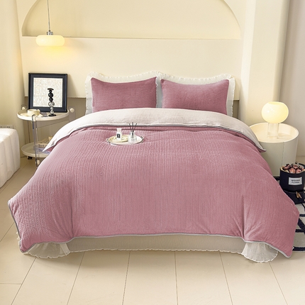 91家纺网 家纺一手货源 找家纺 冬然家纺 2024新款雕花绒床盖四件套系列 小麦穗-豆沙粉