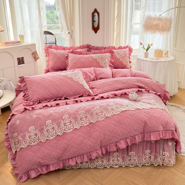 91家纺网 家纺一手货源 找家纺 罗艺轩 2024新款公主风全棉加厚可脱卸床笠式床裙四件套 慕雅-豆沙