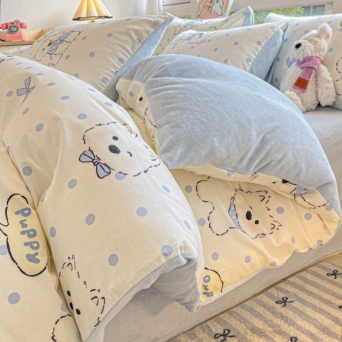 91家纺网 家纺一手货源 找家纺 麦伦家居 2024秋冬新品 多功能床品全棉+牛奶绒四件套 波点狗