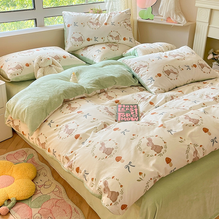 91家纺网 家纺一手货源 找家纺 麦伦家居 2024秋冬新品 多功能床品全棉+牛奶绒四件套 彼菲兔