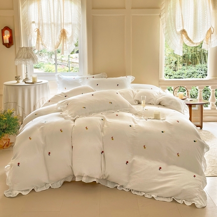 木楌 2024全棉皱皱纱荷叶边刺绣工艺款四件套 乔伊斯花园