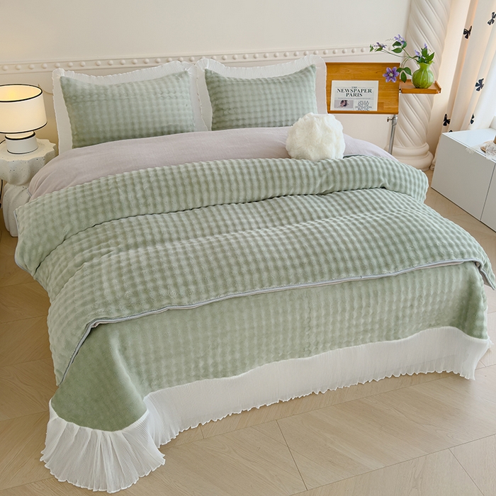 91家纺网 家纺一手货源 找家纺 冬然家纺 2024新款泡泡绒床裙四件套系列 泡泡绒-抹茶绿