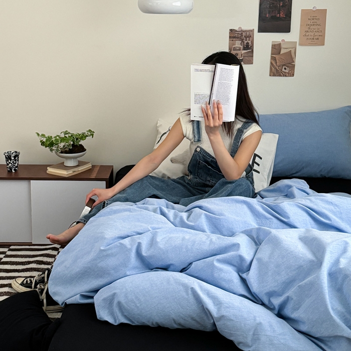 91家纺网 家纺一手货源 找家纺 艾沁家纺 2024新款简约风全棉色织水洗棉混搭四件套 天蓝+黑（天蓝枕+印花枕）