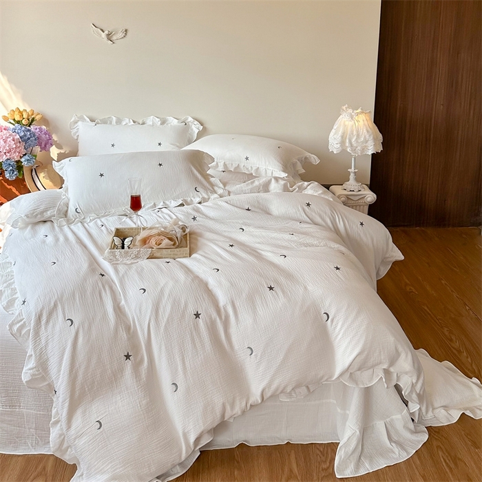 91家纺网 家纺一手货源 找家纺 木楌 2024全棉皱皱纱荷叶边刺绣工艺款四件套 星辰