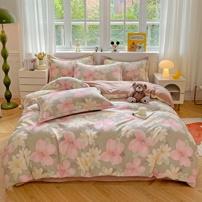 91家纺网 家纺一手货源 找家纺 暖芯优选 2025直播热款加厚全棉磨毛四件套喷气印花纯棉（一字绣工艺款）学生三件套9月上新 花意