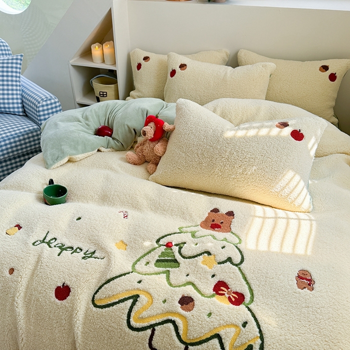 91家纺网 家纺一手货源 找家纺 蜜柚 2024新款高克重羊羔绒牛奶绒毛巾绣四件套 圣诞树
