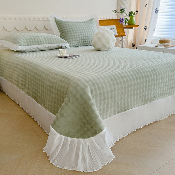 91家纺网 家纺一手货源 找家纺 冬然家纺 2024新款泡泡绒床裙四件套系列 泡泡绒-抹茶绿