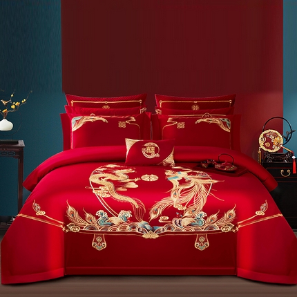 91家纺网 家纺一手货源 找家纺 蒂爵 全棉纯棉长绒棉全棉轻奢重工绣花工艺款婚庆四件套多件套时尚小红书热款 龙凤盛世