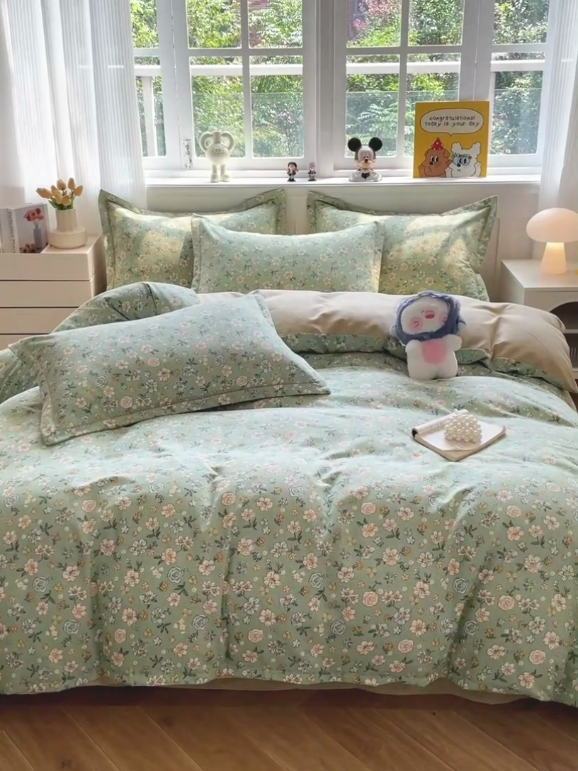 91家纺网 家纺一手货源 找家纺 暖芯优选 2025直播热款加厚全棉磨毛四件套喷气印花纯棉（一字绣工艺款）学生三件套9月上新 花恬