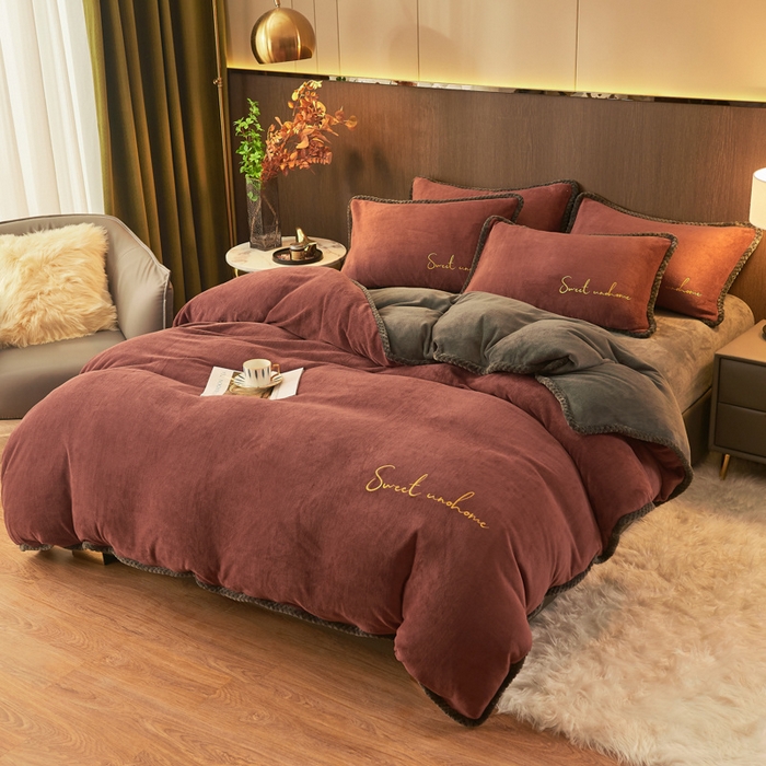 91家纺网 家纺一手货源 找家纺 吾诺 2024新款双拼色牛奶绒四件套 风格一 双拼焦糖